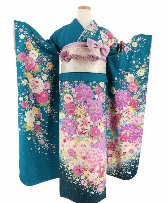 成人式振袖[かわいい系]青緑に裾ぼかし・紫ピンク黄の牡丹、桜、百合[身長169cmまで]No.734